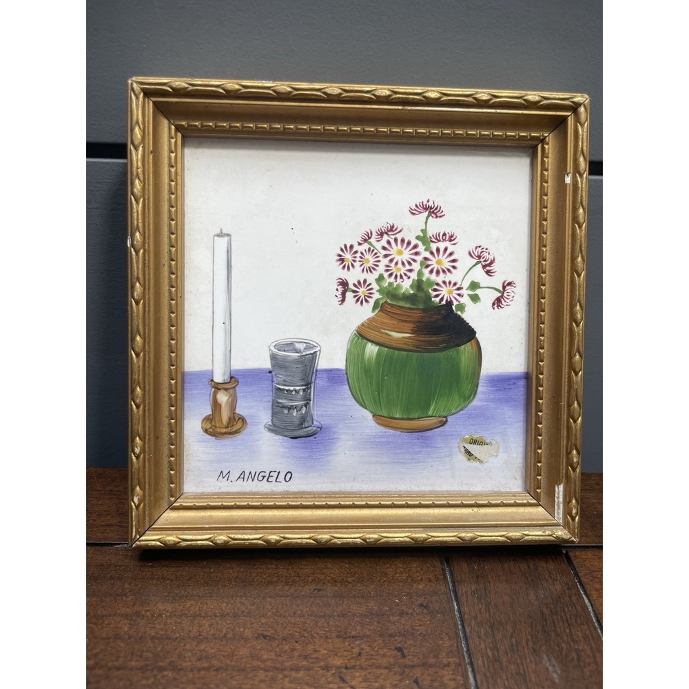 M. Angelo Tile Painting Hand Painted Still Life Framed Blue 5x5"